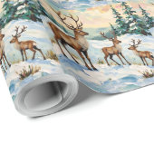 Vintage Reindeer Family Winter Meadow Painting Cadeaupapier (Rol Hoek)