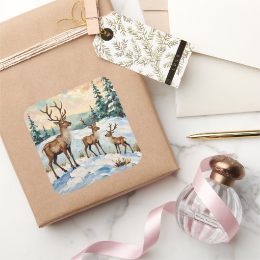 Vintage Reindeer Family Winter Meadow Painting Vierkante Sticker (Geschenken)