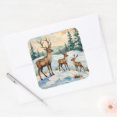 Vintage Reindeer Family Winter Meadow Painting Vierkante Sticker (Envelop)