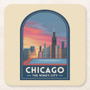 Vintage Reis Chicago Zonsondergang Silhouet Stadsp Kartonnen Onderzetters