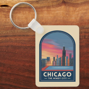 Vintage Reis Chicago Zonsondergang Silhouet Stadsp Sleutelhanger