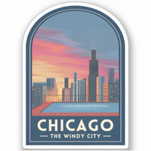 Vintage Reis Chicago Zonsondergang Silhouet Stadsp Sticker