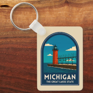 Vintage Reis Michigan Vuurtoren Retro Schilderacht Sleutelhanger