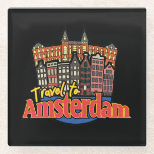 Vintage Reis naar Amsterdam Nederland Logo Glazen Onderzetter