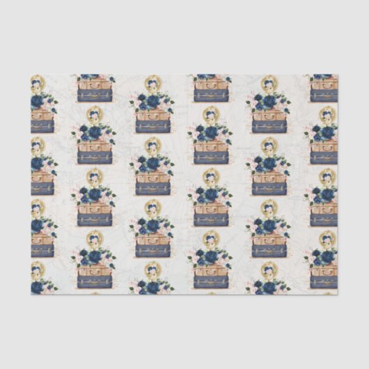 Vintage Reis Navy Blauwe Blosemt Decoupage Tissuepapier (Voorkant)