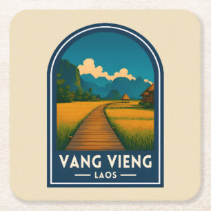 Vintage Reis Vang Vieng Laos Retro Landschap Kartonnen Onderzetters