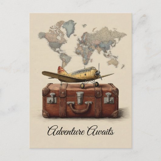 Vintage reisillustratie met een vliegtuig briefkaart (Voorkant)