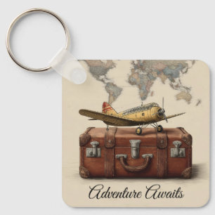 Vintage reisillustratie met een vliegtuig sleutelhanger