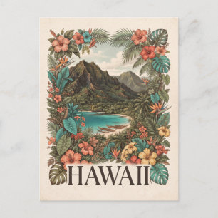 Vintage Reisillustratie van Hawaï met Bloemen Briefkaart