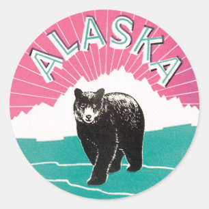 Vintage Reisposter, Alaska Zwarte Beer in Sneeuw Ronde Sticker