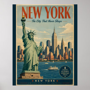 Vintage Reisposter New York City met Standbeeld va Poster