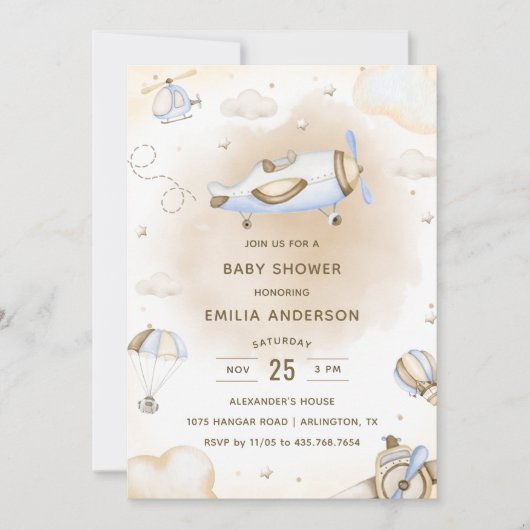 Vintage Reisvliegtuig Baby Shower Feestje  Kaart (Voorkant)