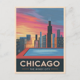 Vintage Reizen Chicago Sunset Skyline Cityscape Briefkaart