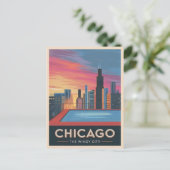 Vintage Reizen Chicago Sunset Skyline Cityscape Briefkaart (Staand voorkant)