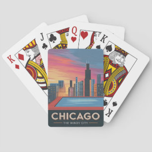 Vintage Reizen Chicago Sunset Skyline Cityscape Pokerkaarten