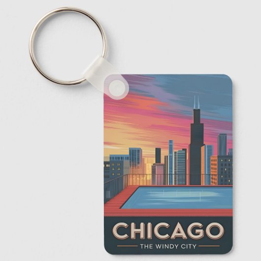 Vintage Reizen Chicago Sunset Skyline Cityscape Sleutelhanger (Voorkant)