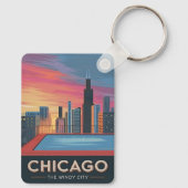 Vintage Reizen Chicago Sunset Skyline Cityscape Sleutelhanger (Achterkant)