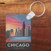 Vintage Reizen Chicago Sunset Skyline Cityscape Sleutelhanger (Achterkant)