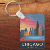 Vintage Reizen Chicago Sunset Skyline Cityscape Sleutelhanger (Voorkant)