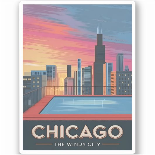 Vintage Reizen Chicago Sunset Skyline Cityscape Sticker (Voorkant)