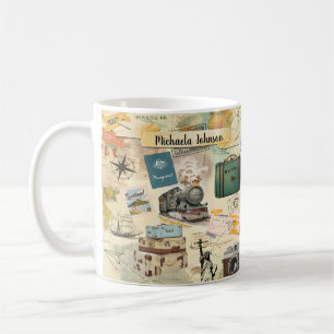 Vintage Reizen Collage Naam & Quote Koffiemok