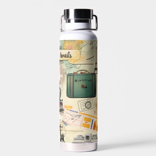 Vintage Reizen Collage Waterfles (Achterkant)