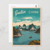 Vintage Reizen Guilin China Landschap Retro Schild Briefkaart (Voorkant / Achterkant)