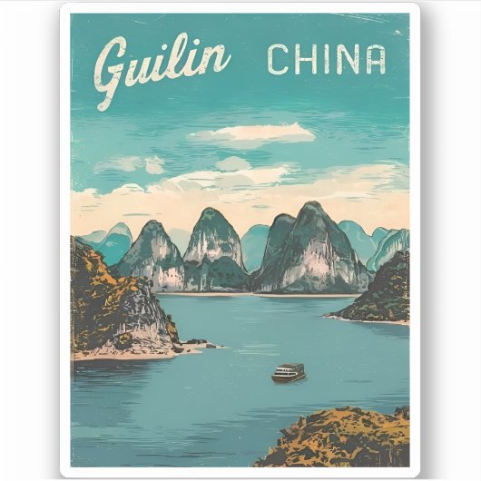 Vintage Reizen Guilin China Landschap Retro Schild Sticker (Voorkant)