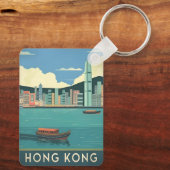 Vintage Reizen Hong Kong China Retro Cityscape Sleutelhanger (Achterkant)