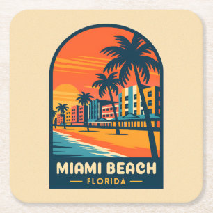 Vintage Reizen Miami Beach Florida Sunset Seaside Kartonnen Onderzetters