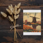 Vintage Reizen Poster van Nederland, tulpen en mol Briefkaart<br><div class="desc">vintage travel poster van Nederland,  Nederland,  met oranje tulpen een windmolen en een huis aan het water</div>