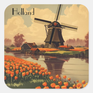 Vintage Reizen Poster van Nederland, tulpen en mol Vierkante Sticker