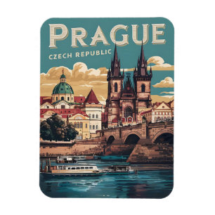 vintage reizen Praag Tsjechië cadeaus, boten Magneet