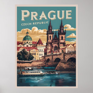 vintage reizen Praag Tsjechië cadeaus, boten Poster