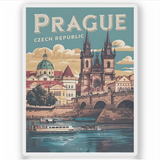 vintage reizen Praag Tsjechië cadeaus, boten Sticker (Voorkant)