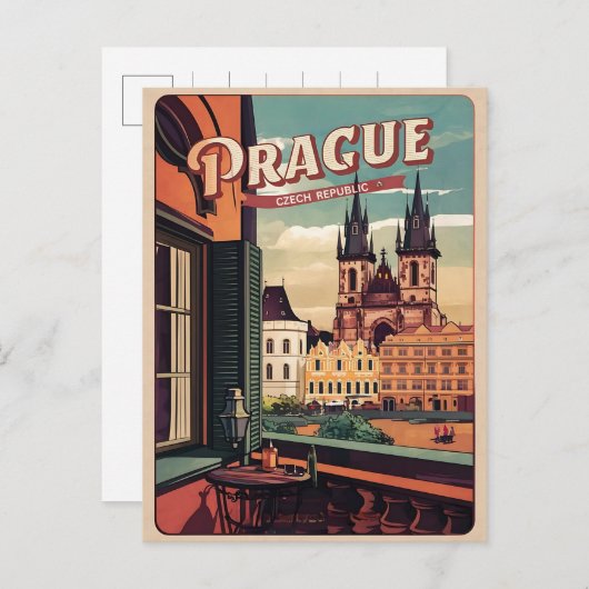 Vintage Reizen Praag Tsjechië Geschenken Balkon Briefkaart (Voorkant / Achterkant)
