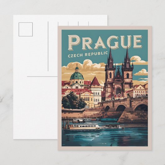 Vintage Reizen Praag Tsjechië Geschenken, boten Briefkaart (Voorkant / Achterkant)