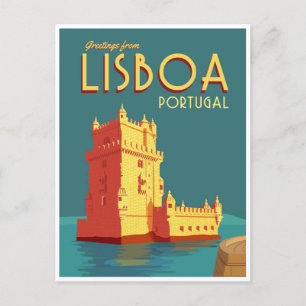 vintage reizen retro waterverf Lissabon Portugal Briefkaart