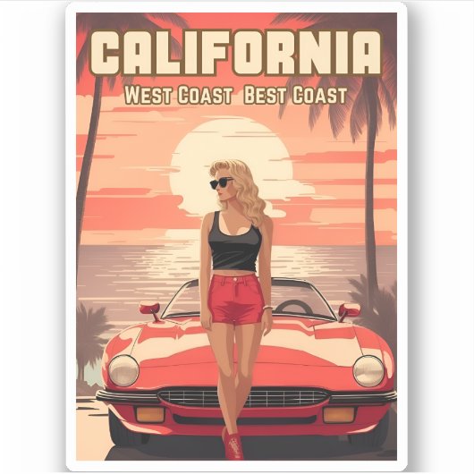 Vintage Reizen Retrowave 80s Californië Zonsonderg Sticker (Voorkant)