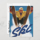 Vintage Reizen, Skiën Sneeuw, Adreswijziging Aankondigingskaart (Voorkant / Achterkant)