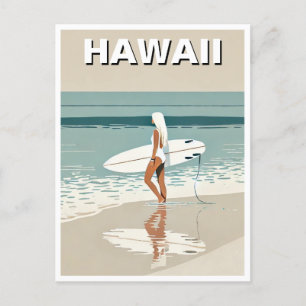 Vintage Reizen Surfen in Hawaii Surfer Meisje Briefkaart