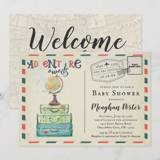 Vintage Reizen Thema Baby shower Uitnodiging (Voorkant / Achterkant)