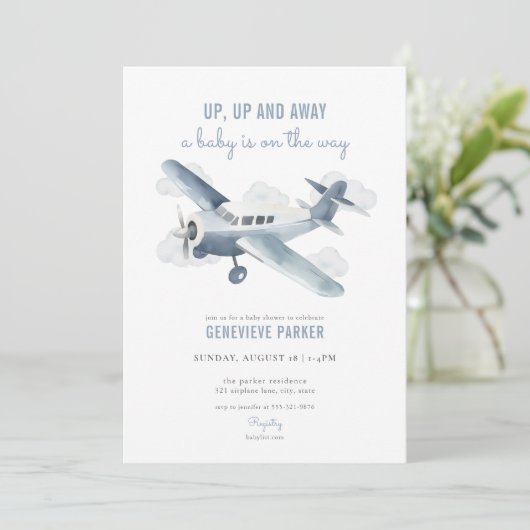 Vintage reizen vliegtuig Baby shower uitnodiging (Staand voorkant)