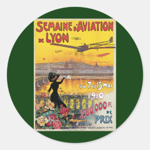 Vintage Reizen, Vliegtuigen, Lyon, Frankrijk Ronde Sticker
