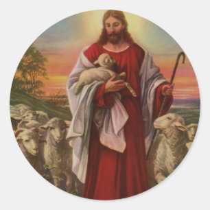 Vintage Religie, Christus de Goede Herder Kudde Ronde Sticker