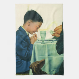 Vintage Religie, Jongen zegt dankgebed voor Kerstm Theedoek