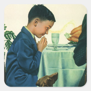 Vintage Religie, Jongen zegt tafelgebed op Thanksg Vierkante Sticker