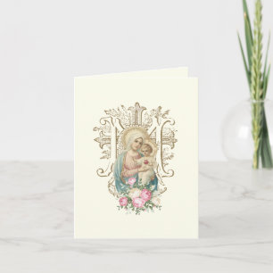 Vintage Religieus Bloemmotief met Maria en Kind Kaart