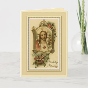 Vintage Religieus Heilig Hart Jezus Verjaardag Kaart