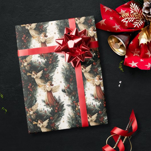 Vintage Religious Trumpet Angel Christmas Cadeaupapier